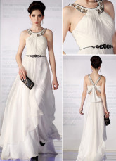Elegant White Chiffon Silk Satin Halter Beaded Evening Dress