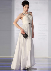 Elegant White Chiffon Silk Satin Halter Beaded Evening Dress