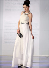 Elegant White Chiffon Silk Satin Halter Beaded Evening Dress
