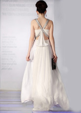 Elegant White Chiffon Silk Satin Halter Beaded Evening Dress
