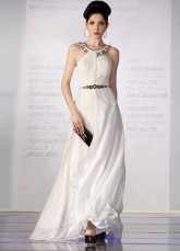 Elegant White Chiffon Silk Satin Halter Beaded Evening Dress