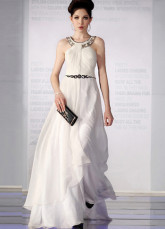 Elegant White Chiffon Silk Satin Halter Beaded Evening Dress
