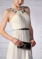 Elegant White Chiffon Silk Satin Halter Beaded Evening Dress