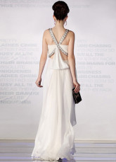 Elegant White Chiffon Silk Satin Halter Beaded Evening Dress