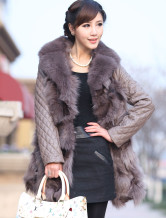 Superbe fourrure Brown Sheep Skin Fox Fur Coat Femmes