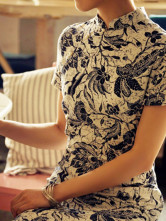Vintage Big Floral Prints Short Sleeves Flax Cheongsam Costumes