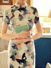 Vintage Floral Prints Ink Short Sleeves Flax Cheongsam Costumes