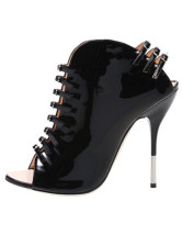 Sandales noires à talons hauts en cuir avec boutons et zip 