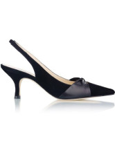 Escarpins-Sandales noires d'orteil aigu et à talons hauts en satin et peau de mouton 