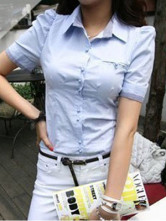 Trendy Sky Blue Cotton Polyester Puff Sleeves Ladies Blouse