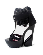 Black Satin 5 1 / 2  '' Platform Sandals talon haut Applique Fashion Zipper