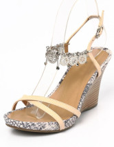 2 3/4'' High Heel Apricot Cowhide Ankle Stripes Womens Wedge Sandals