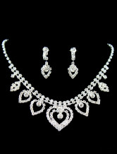  Heart-shaped Silver Alloy Rhinestone Earrings And Necklace 