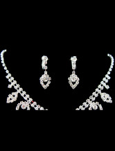  Heart-shaped Silver Alloy Rhinestone Earrings And Necklace 