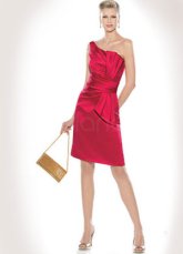 One Shoulder Pleated Bodice Satin Knee Length Prom Dress