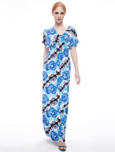 Vintage Blue Rose Patern Ice Silk Womens Maxi Dress