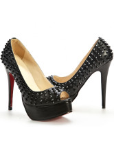 Chaussures noires de 4 3/4'' talons et d'orteils voyants en peau de mouton 