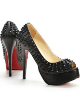 Chaussures noires de 4 3/4'' talons et d'orteils voyants en peau de mouton 
