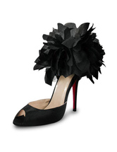 3,9''Высокий каблук Black Satin Цветочная Романтический Сандалии Peep Toe Пром