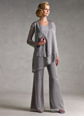 Classic Silver Gray Chiffon Mother Of The Bride Pant Suits