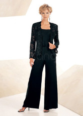 Elegant Black Chiffon Mother Of The Bride Pant Suits