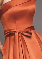 Vintage Orange Satin One Shoulder Tea Length Bridesmaid Dress
