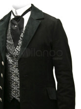 un fabuleux manteau steampunk  plein longueur noir boutonné en tissu de jazz et velours