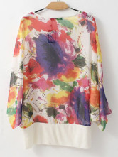 Ivoire coton de mousseline de soie tricoté cou rond d'impression Blouse de femmes Batwing manchon