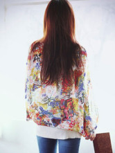 Ivoire coton de mousseline de soie tricoté cou rond d'impression Blouse de femmes Batwing manchon