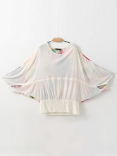Ivoire coton de mousseline de soie tricoté cou rond d'impression Blouse de femmes Batwing manchon