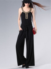 Fashionable Black Knitted Fabric Round Neck Metallic Ladies Jumpsuit