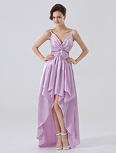 A-line Spaghetti Straps Asymmetrical Lilac Silk-like Prom Dress 