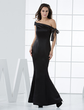Sheath One-Shoulder Floor-Length Black Satin Sash Evening Dress 
