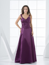 A-line V-Neck Floor-Length Grape Satin Peplum Evening Dress 