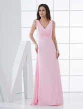 V-Neck Floor-Length Pink Chiffon Dress For Bridesmaid 