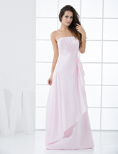 A-line Strapless Floor-Length Pink Satin Pleated Dress For Bridesmaid 