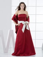A-line Strapless Floor-Length Burgundy Satin Sash Bridesmaid Dress 