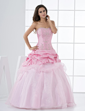Pink Princess Strapless Beaded Ruffles Floor Length Taffeta Ball Gown