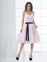 Pink Spaghetti Pleated Sash Satin Graduation Dress