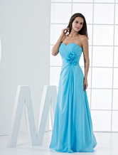 Fashion Strapless Floor-Length Blue Chiffon Pleated Bridesmaid Dress 