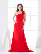 A-line One-Shoulder Floor-Length Red Chiffon Pleated Bridesmaid Dress 