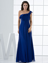 A-line One-Shoulder Royal Blue Chiffon Cascading Ruffle Pleated Bridesmaid Dress 