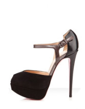 Chaussures noires à talons hauts avec plate-forme en peau de mouton avec boutons rouges
