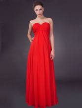 A-line Sweetheart Neck Floor-Length Red Satin Chiffon Sequin Evening Dress 