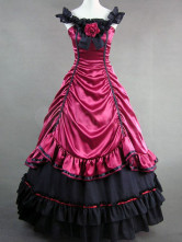 Robe classique de Lolita de fleur noire et rouge fonc&eacute;e en satin 