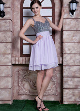 Mousseline de soie perles Spaghetti sangle courte Cocktail robe lilas