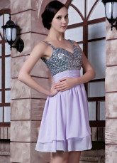 Mousseline de soie perles Spaghetti sangle courte Cocktail robe lilas