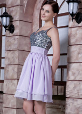 Mousseline de soie perles Spaghetti sangle courte Cocktail robe lilas