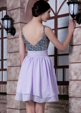 Mousseline de soie perles Spaghetti sangle courte Cocktail robe lilas