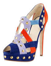 Sandales multicolores et attractives à talons hauts en daim de peau de mouton 